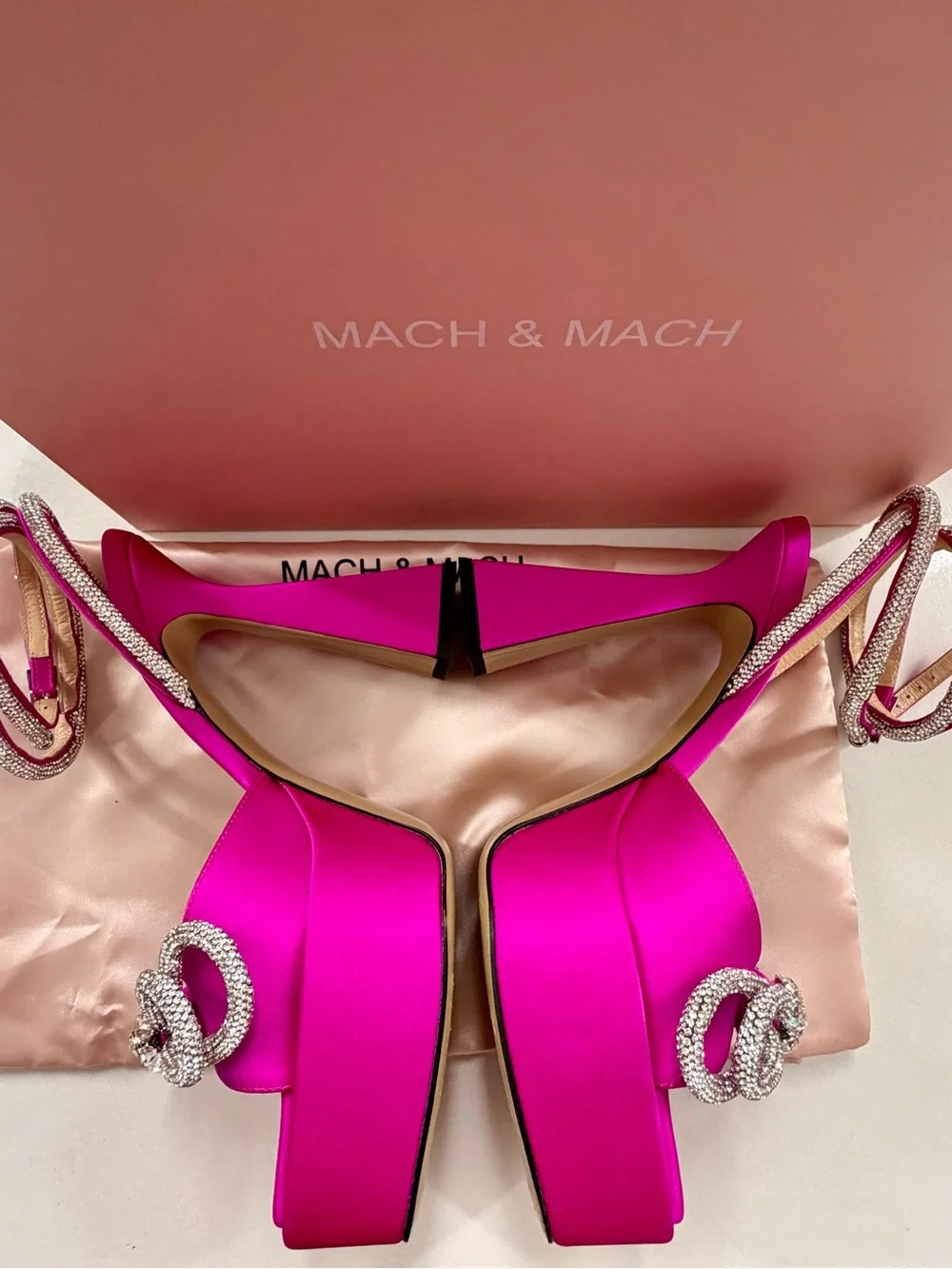 MACH & MACH - Double Bow - 140 Silk Ankle Strap Sandals - 38 - New - Fuchsia
